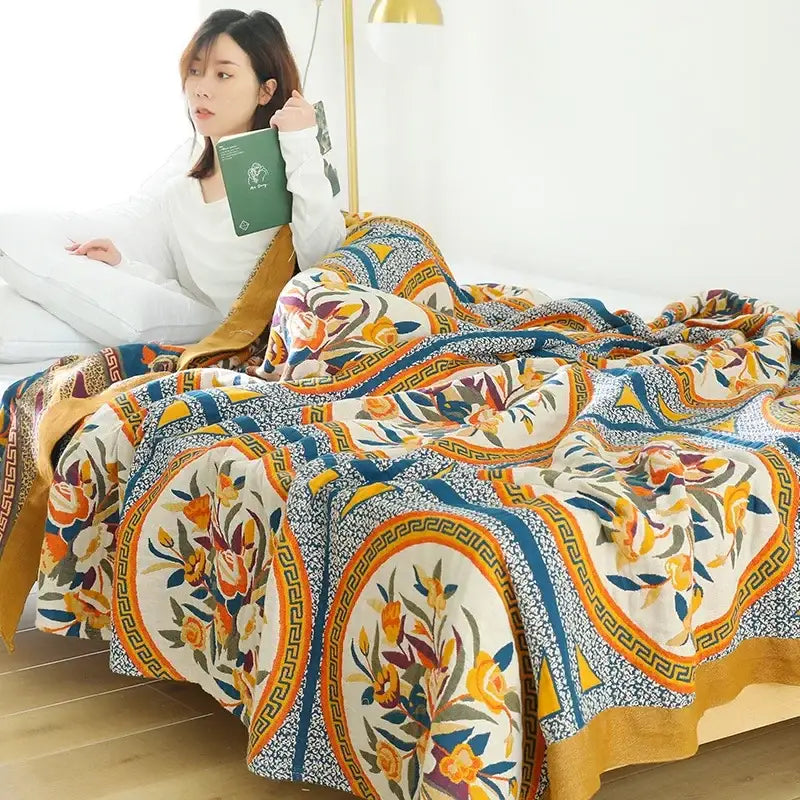 Boho floral cotton gauze leisure blanket bedroom quilt