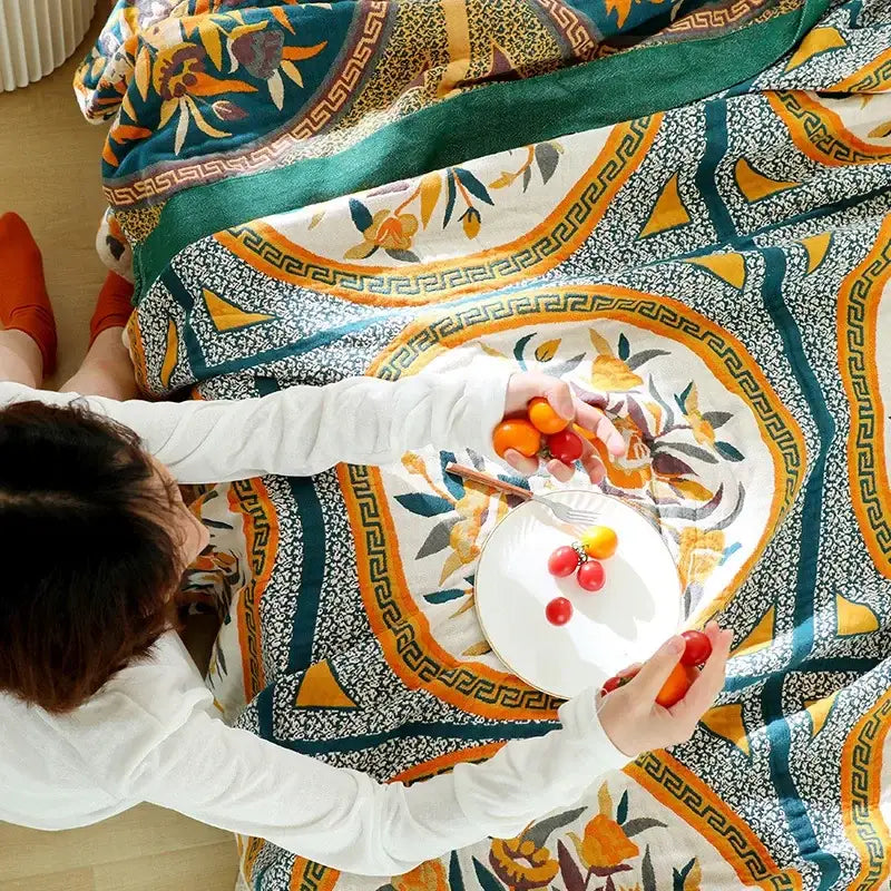 Boho floral cotton gauze leisure blanket bedroom quilt
