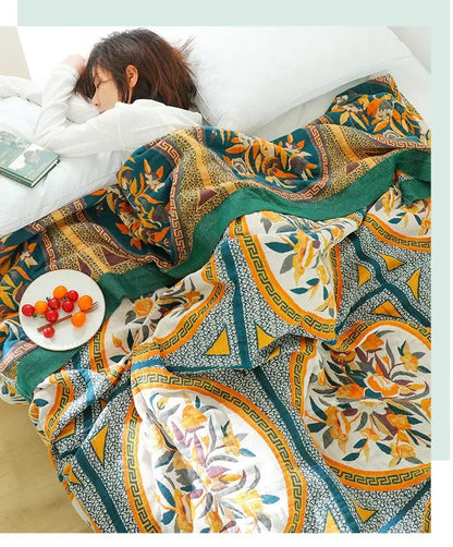 Boho floral cotton gauze leisure blanket bedroom quilt