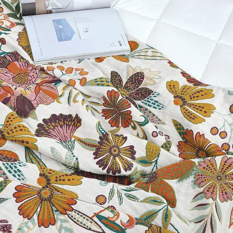 Boho floral embroidered cream cotton bedspread for bedroom