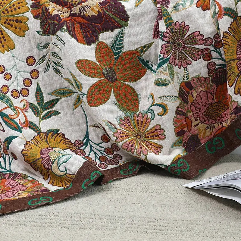 Boho floral embroidered cream cotton bedspread for bedroom
