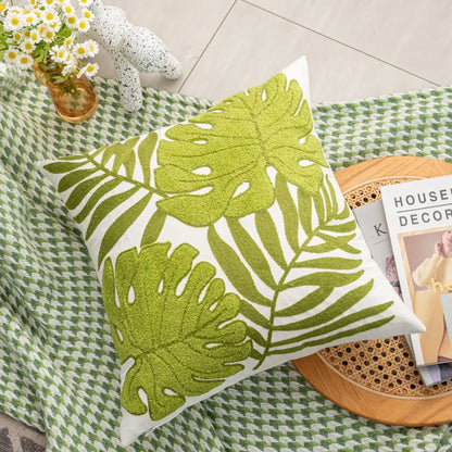 Boho floral embroidered green & brown cushion cover living room