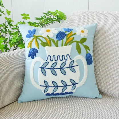 Boho floral embroidered green & brown cushion cover living room