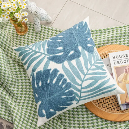 Boho floral embroidered green & brown cushion cover living room