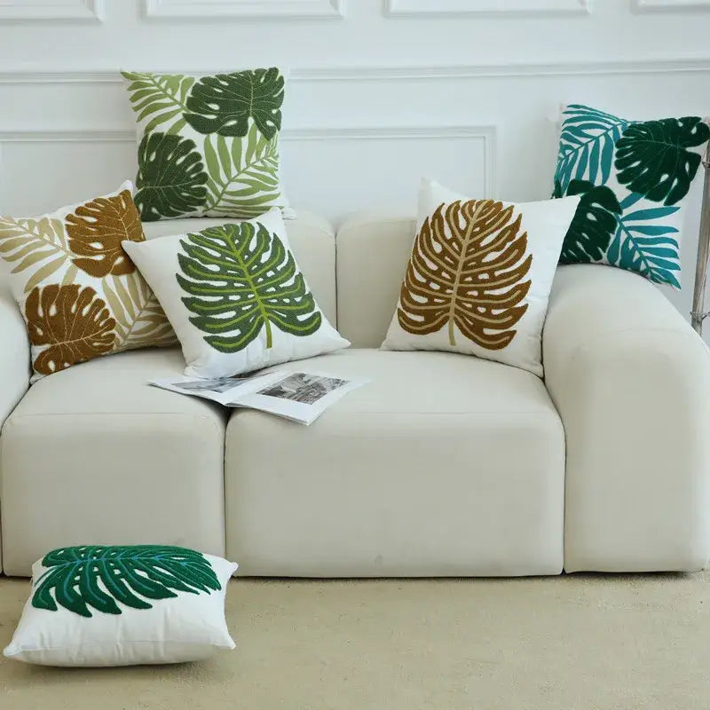 Boho floral embroidered green & brown cushion cover living room
