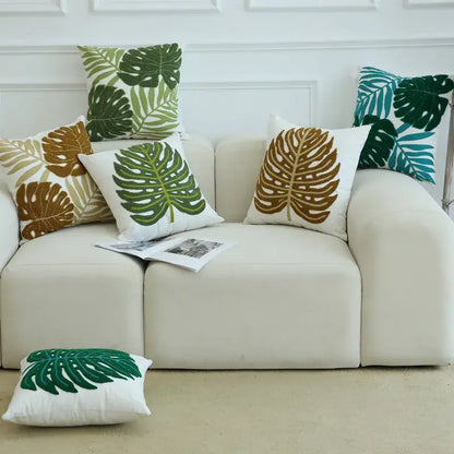 Boho floral embroidered green & brown cushion cover living room