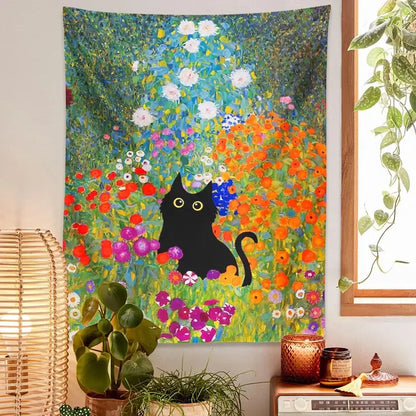 Boho floral garden cat tapestry wall hanging for bedroom decor