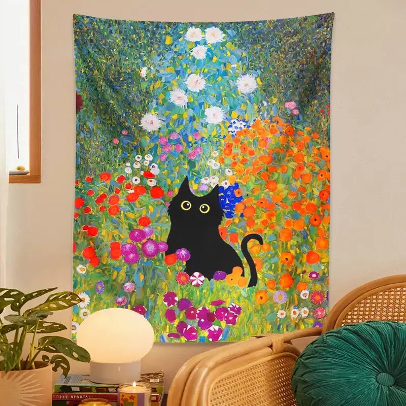 Boho floral garden cat tapestry wall hanging for bedroom decor