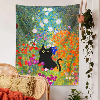 Boho floral garden cat tapestry wall hanging for bedroom decor