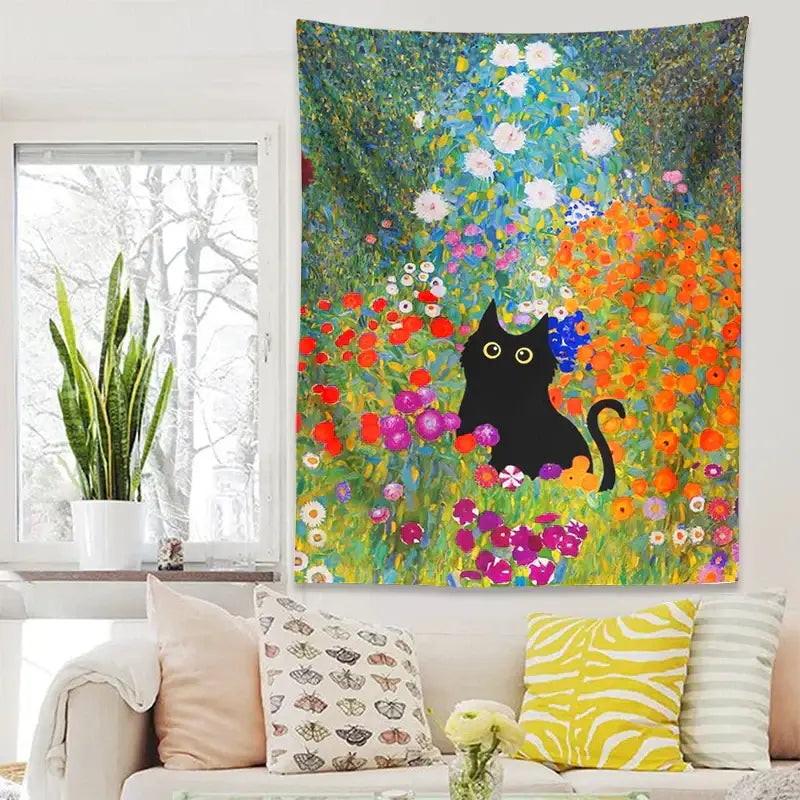 Boho floral garden cat tapestry wall hanging for bedroom decor