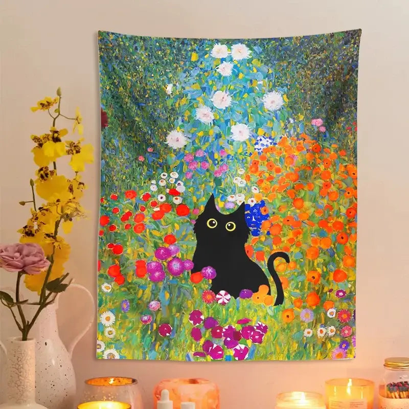 Boho floral garden cat tapestry wall hanging for bedroom decor