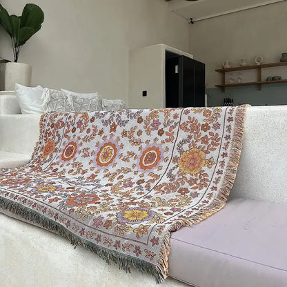 Boho floral sofa throw blanket – living room woven decor