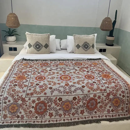 Boho floral sofa throw blanket – living room woven decor