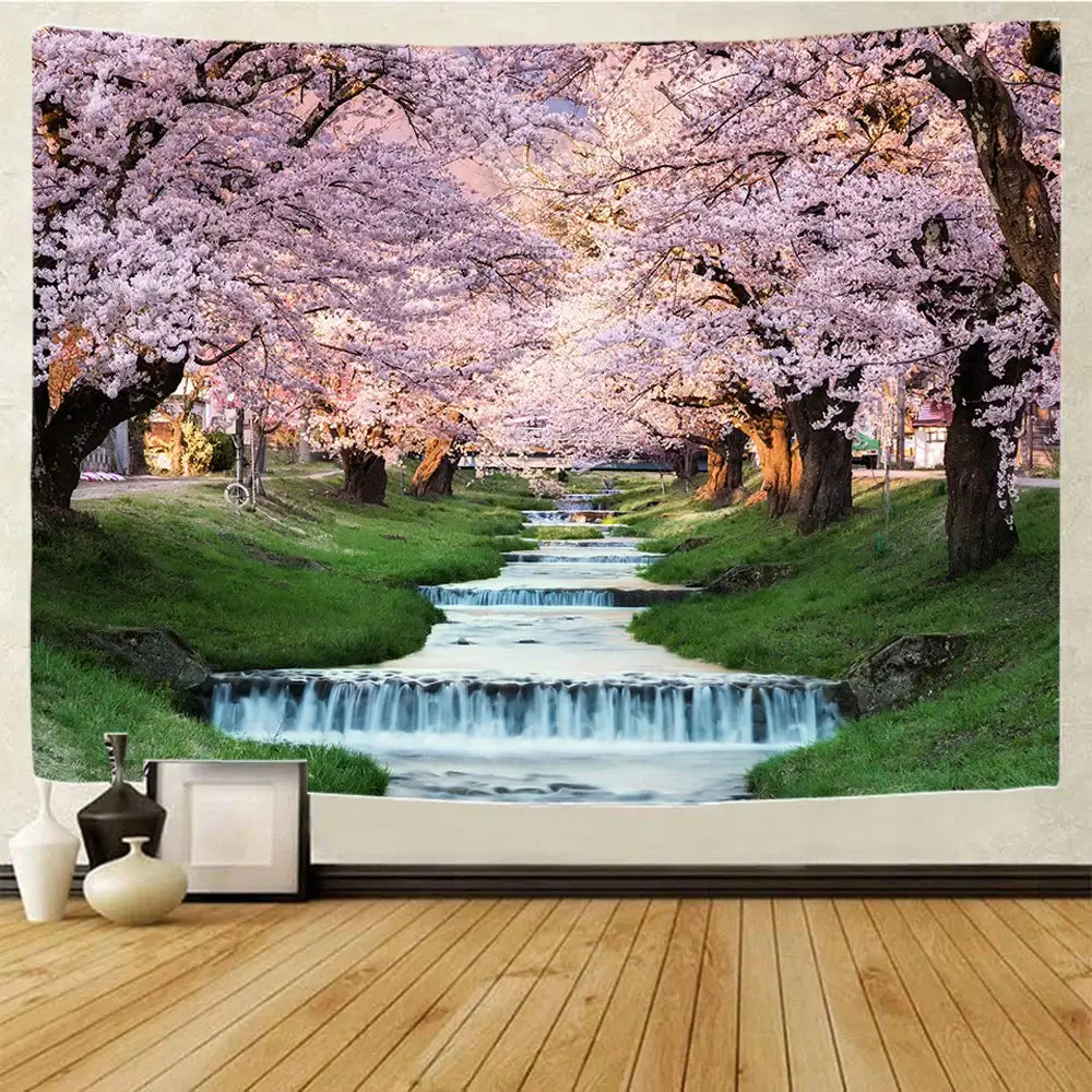 Boho forest waterfall art tapestry living room wall hanging