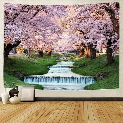 Boho forest waterfall art tapestry living room wall hanging