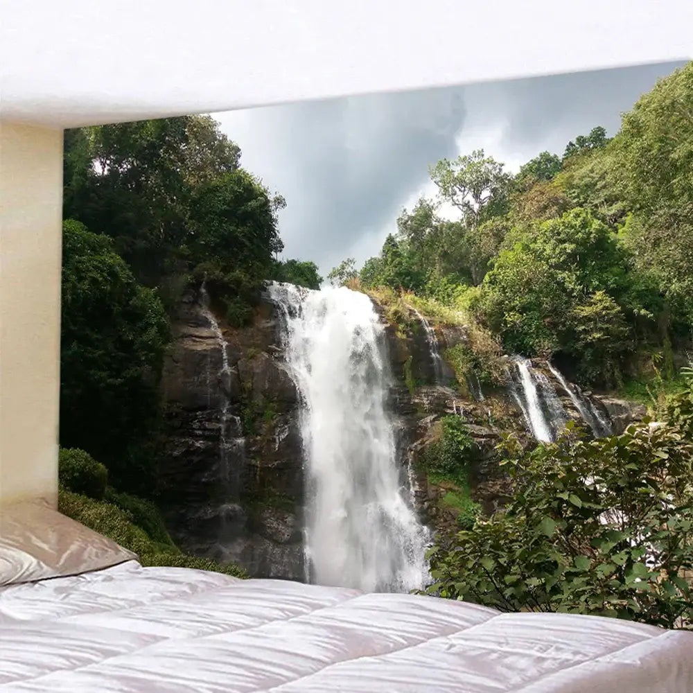 Boho forest waterfall art tapestry living room wall hanging