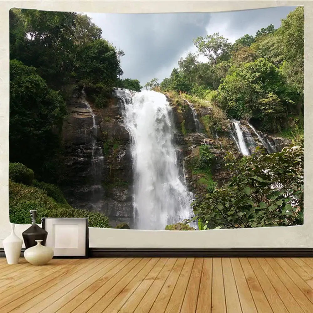 Boho forest waterfall art tapestry living room wall hanging