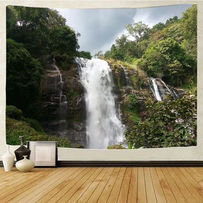 Boho forest waterfall art tapestry living room wall hanging
