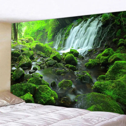 Boho forest waterfall art tapestry living room wall hanging