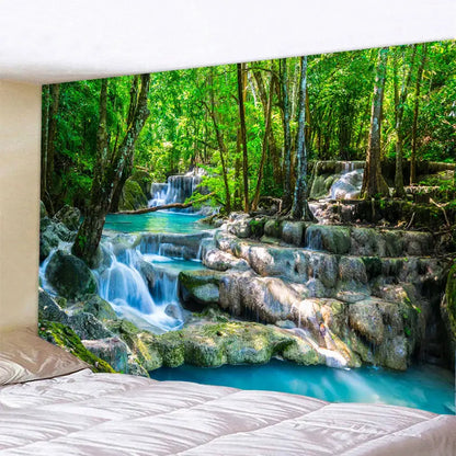 Boho forest waterfall art tapestry living room wall hanging