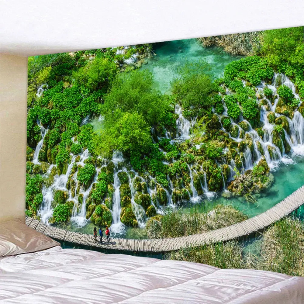 Boho forest waterfall art tapestry living room wall hanging