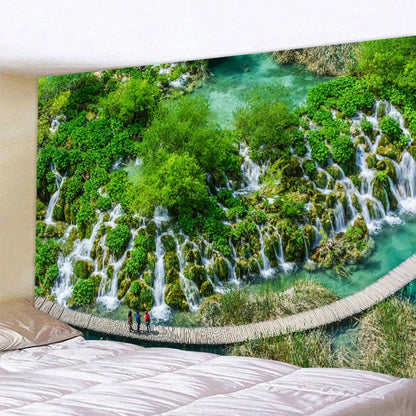 Boho forest waterfall art tapestry living room wall hanging
