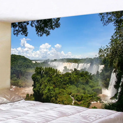 Boho forest waterfall art tapestry living room wall hanging