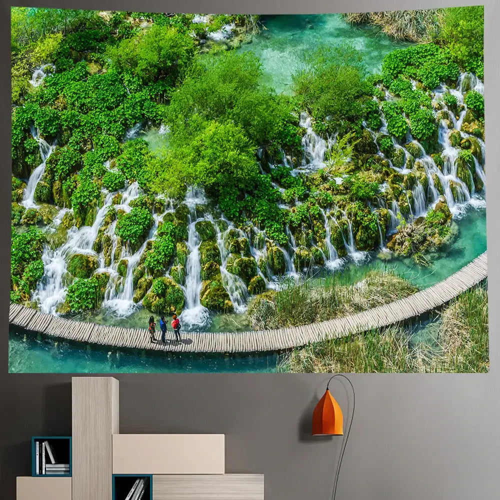 Boho forest waterfall art tapestry living room wall hanging