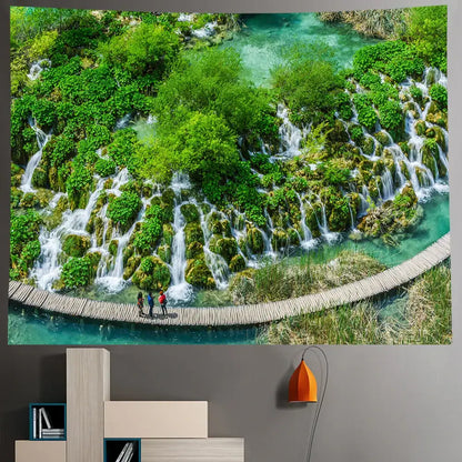 Boho forest waterfall art tapestry living room wall hanging