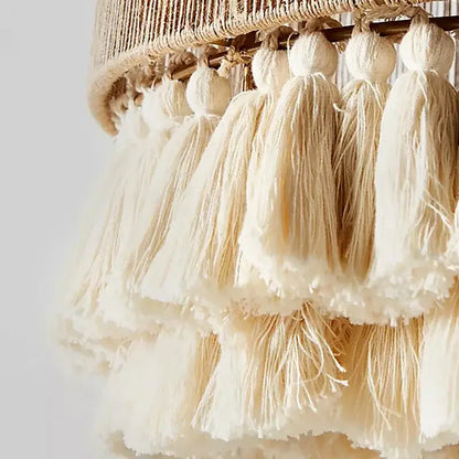 Boho fringe hemp rope pendant light – living room wood woven tassel