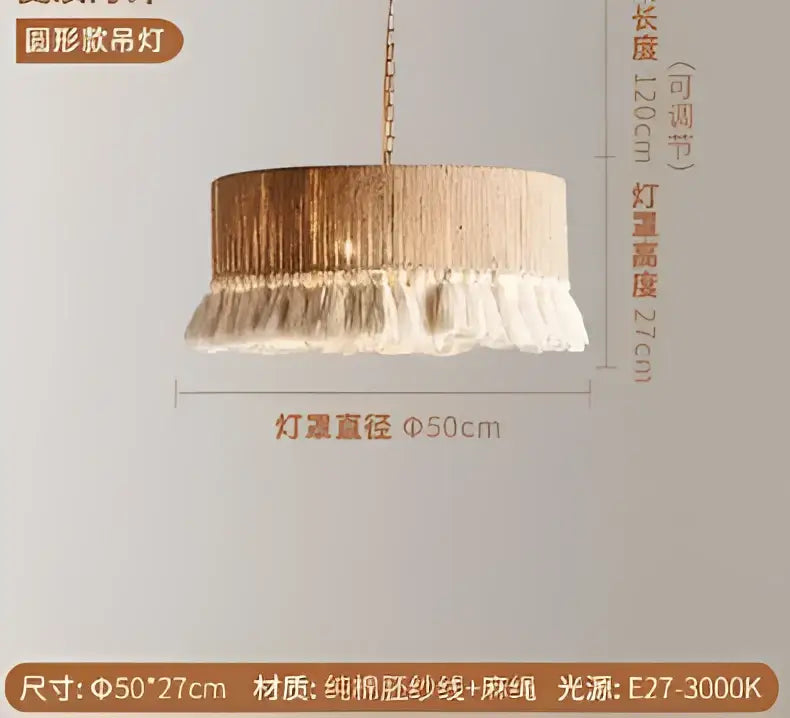 Boho fringe hemp rope pendant light – living room wood woven tassel