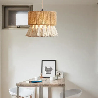 Boho fringe hemp rope pendant light – living room wood woven tassel