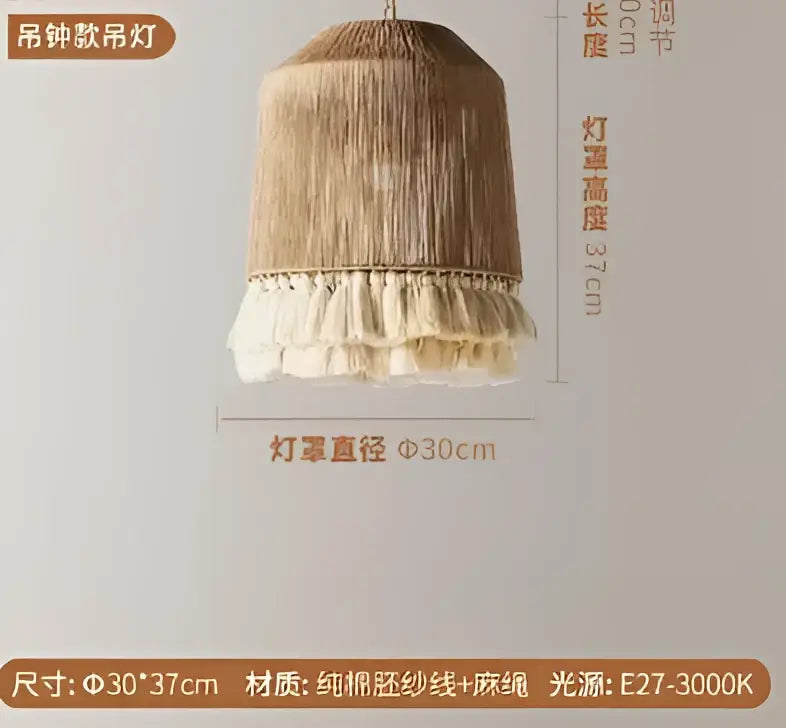 Boho fringe hemp rope pendant light – living room wood woven tassel