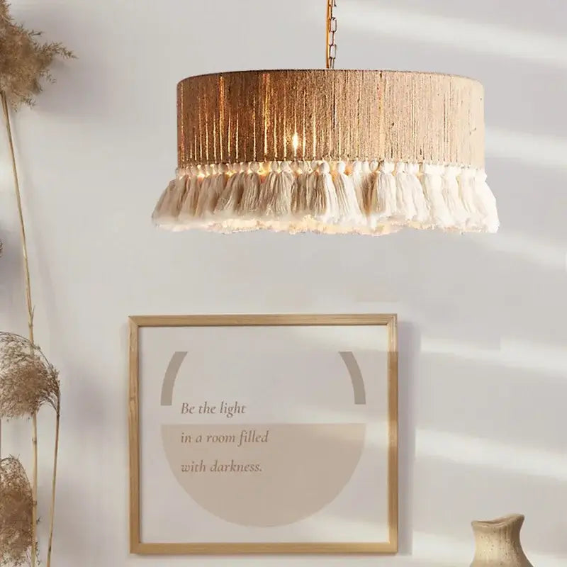 Boho fringe hemp rope pendant light – living room wood woven tassel