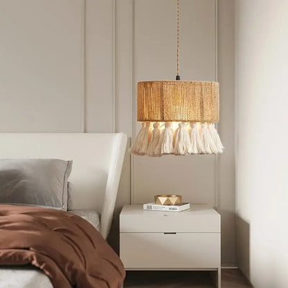 Boho fringe hemp rope pendant light – living room wood woven tassel