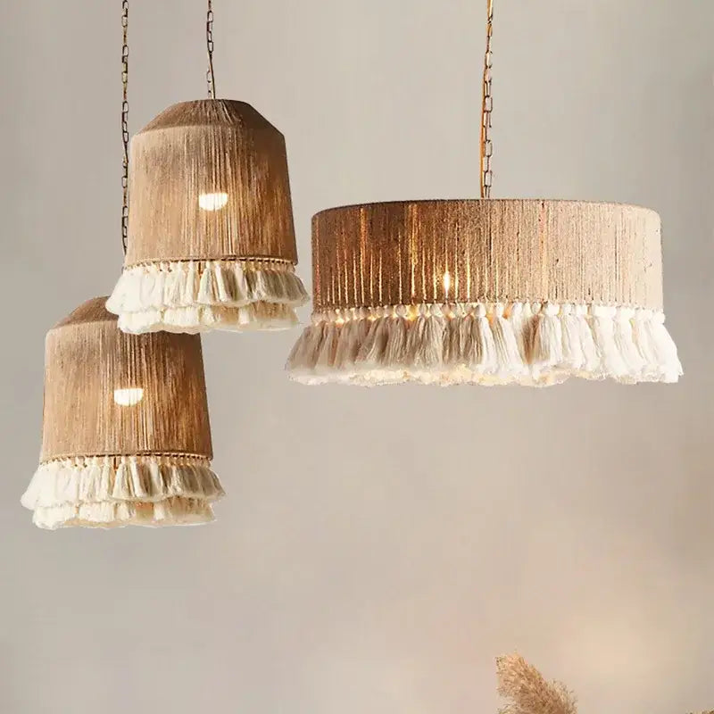 Boho fringe hemp rope pendant light – living room wood woven tassel
