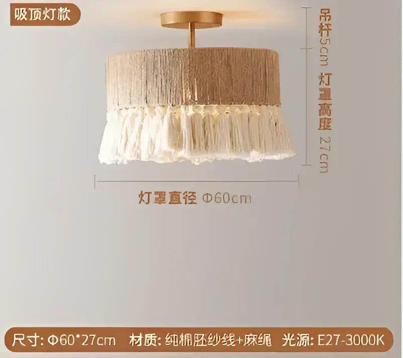 Boho fringe hemp rope pendant light – living room wood woven tassel