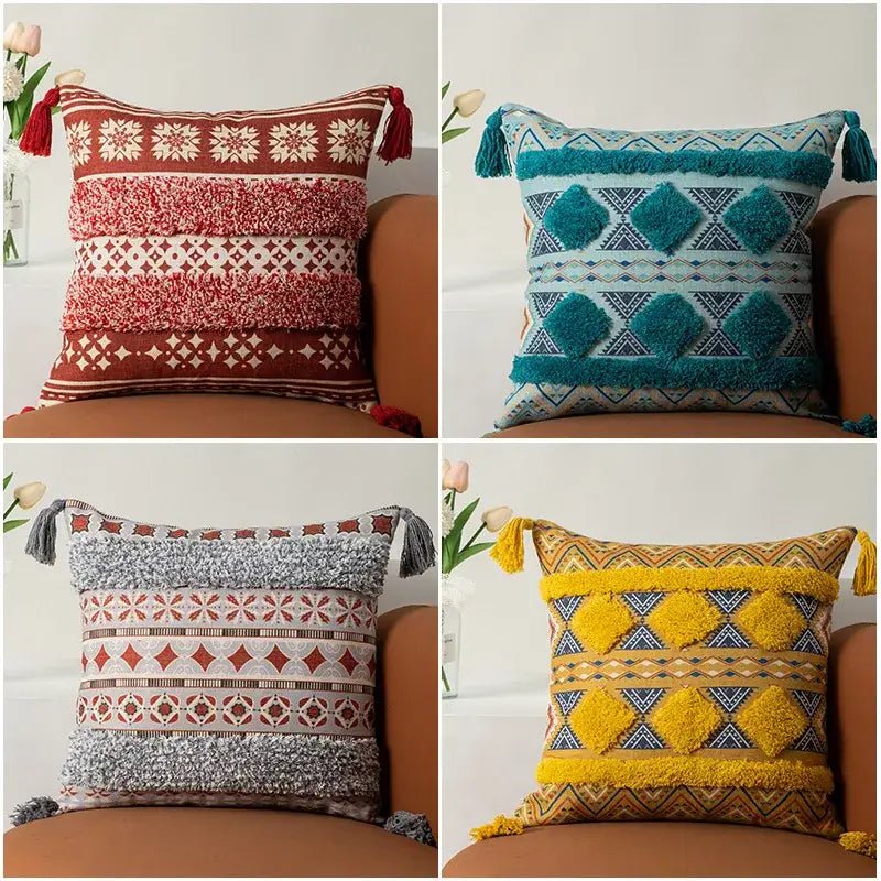 Boho fringe pillow covers yellow & multicolored living room decor