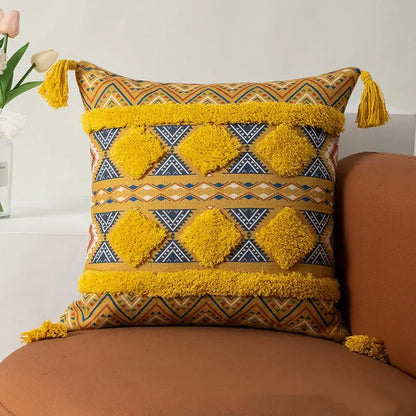 Boho fringe pillow covers yellow & multicolored living room decor