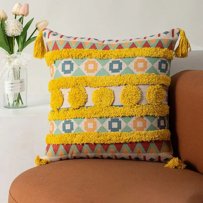 Boho fringe pillow covers yellow & multicolored living room decor