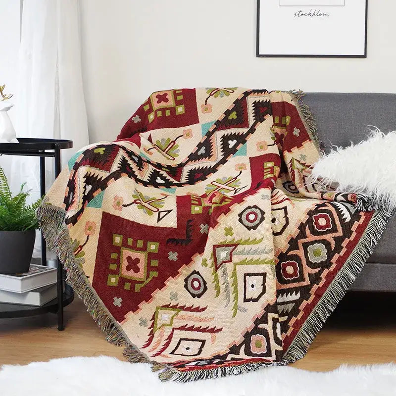 Boho geo ethnic throw blanket cream geometric living room cover