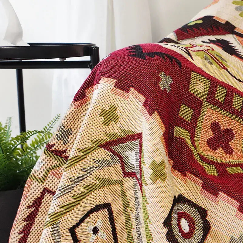 Boho geo ethnic throw blanket cream geometric living room cover