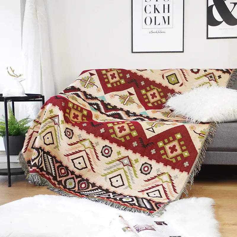 Boho geo ethnic throw blanket cream geometric living room cover