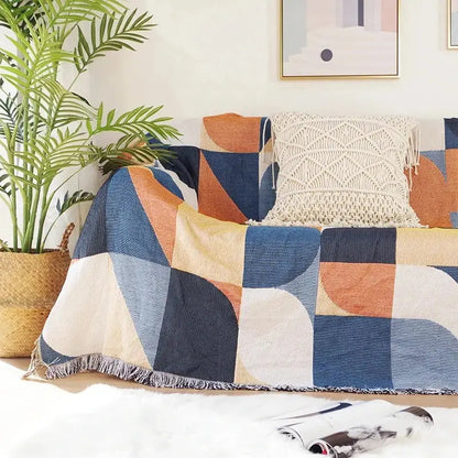 Boho geo ethnic throw blanket cream geometric living room cover
