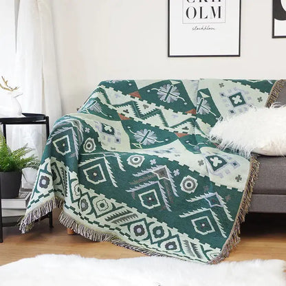 Boho geo ethnic throw blanket cream geometric living room cover
