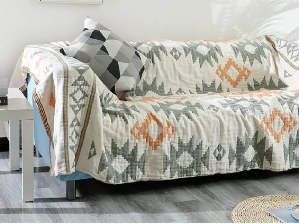 Boho geometric orange & blue cotton throw blanket living room