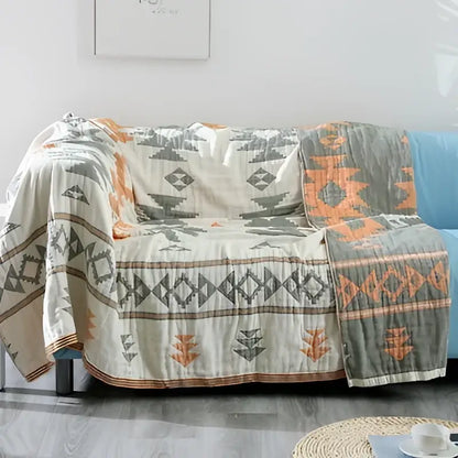 Boho geometric orange & blue cotton throw blanket living room