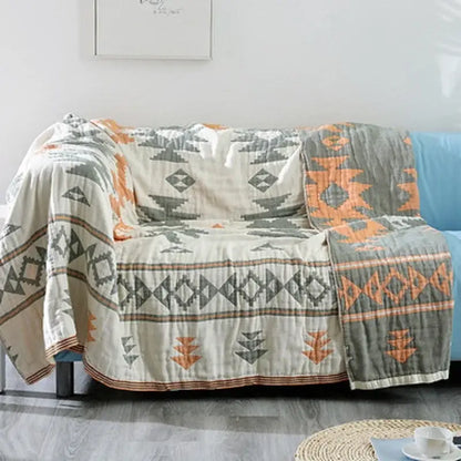 Boho geometric orange & blue cotton throw blanket living room