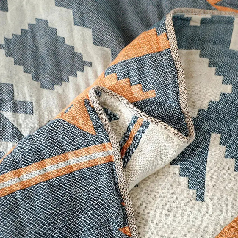 Boho geometric orange & blue cotton throw blanket living room