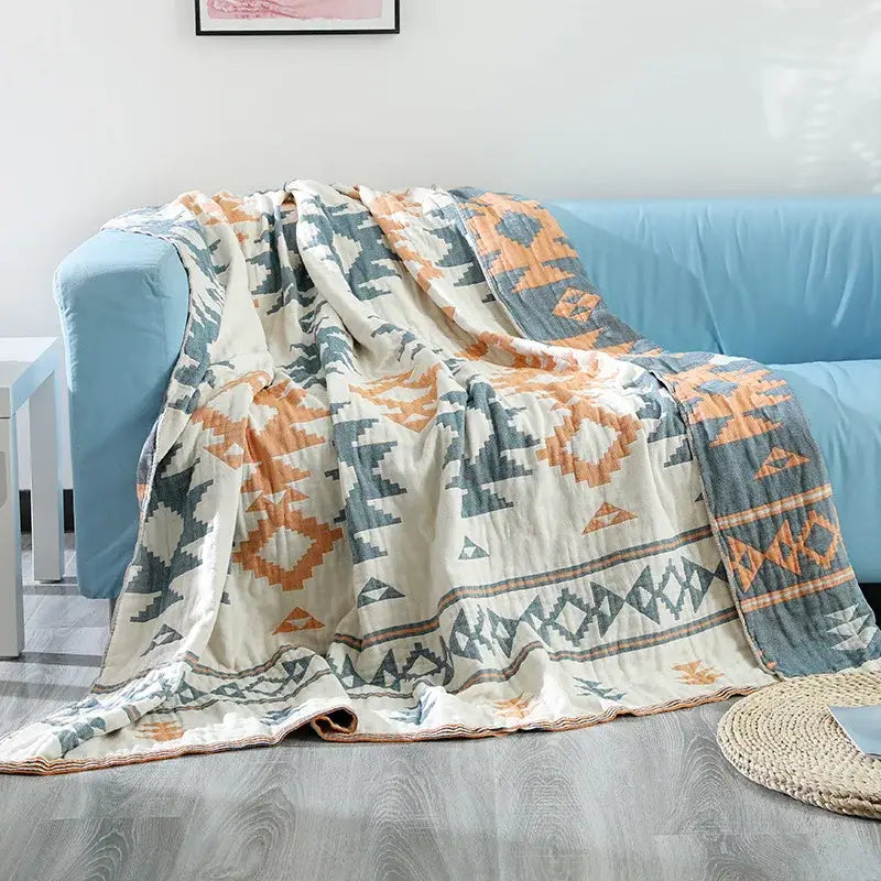 Boho geometric orange & blue cotton throw blanket living room
